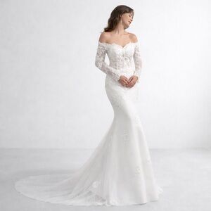 NEW Off Shoulder Lace Mermaid Wedding Dress Long Sleeve Corset Bridal Gown 8